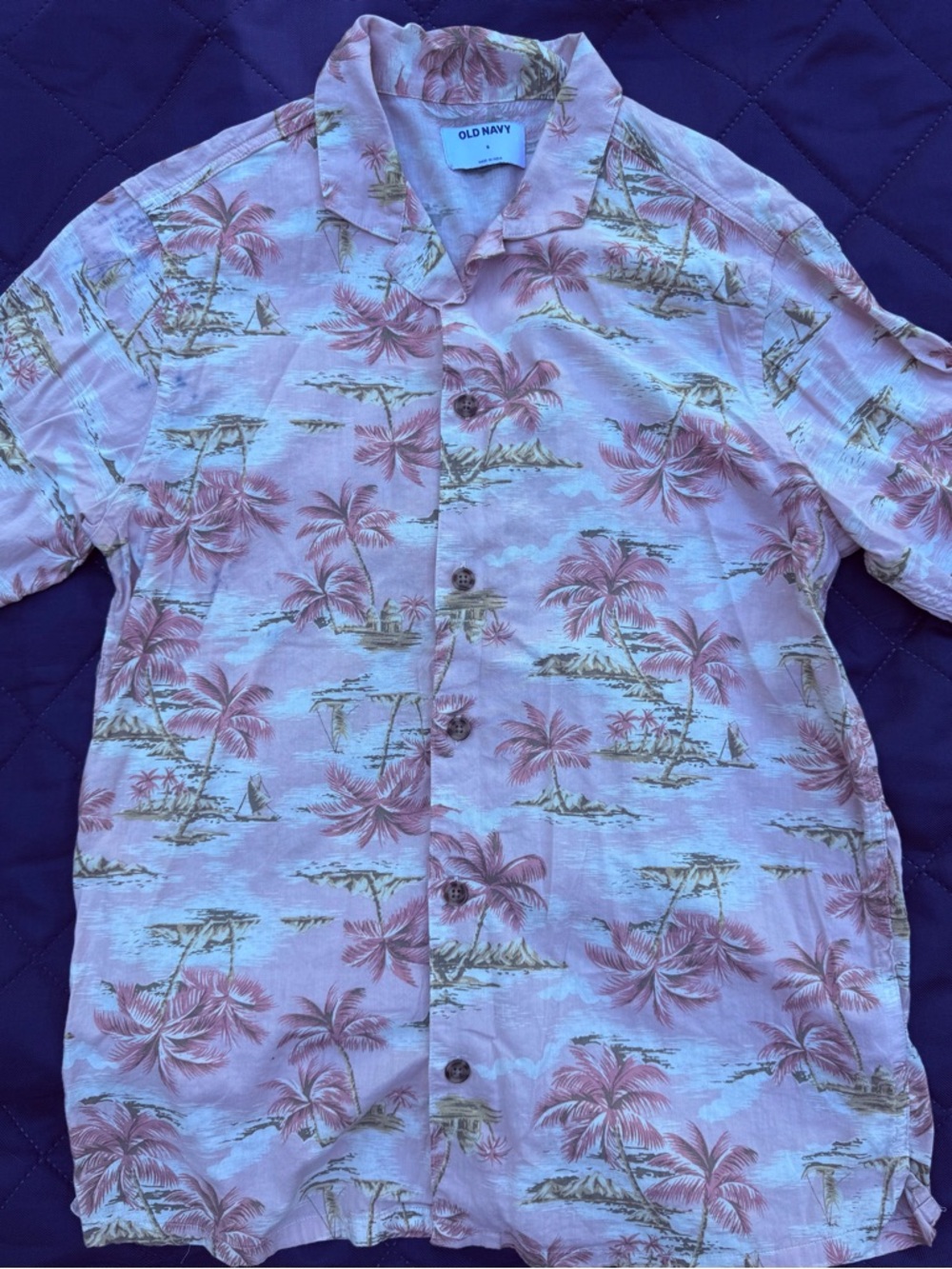 Old Navy Pink and Green Palm Print Camp Shirt